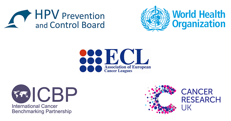 A collection of logos including: HPV prevention and control board, World Health Organization, Association of European Cancer Leagues, International Cancer Benchmarking Partnership, Cancer Research UK